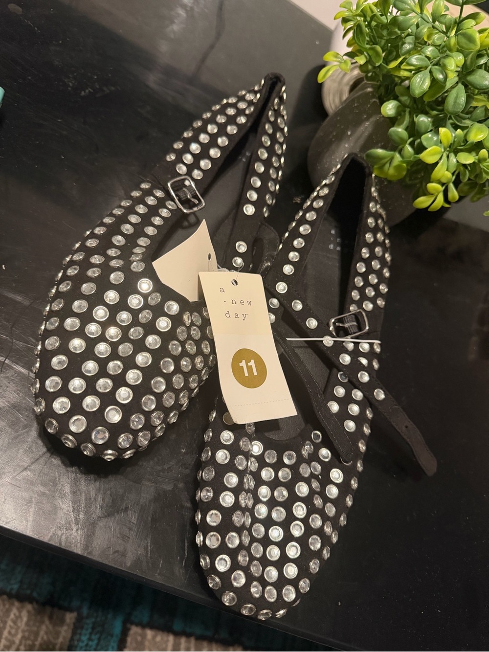a new day Black Crystal-Studded Mary Jane Flats